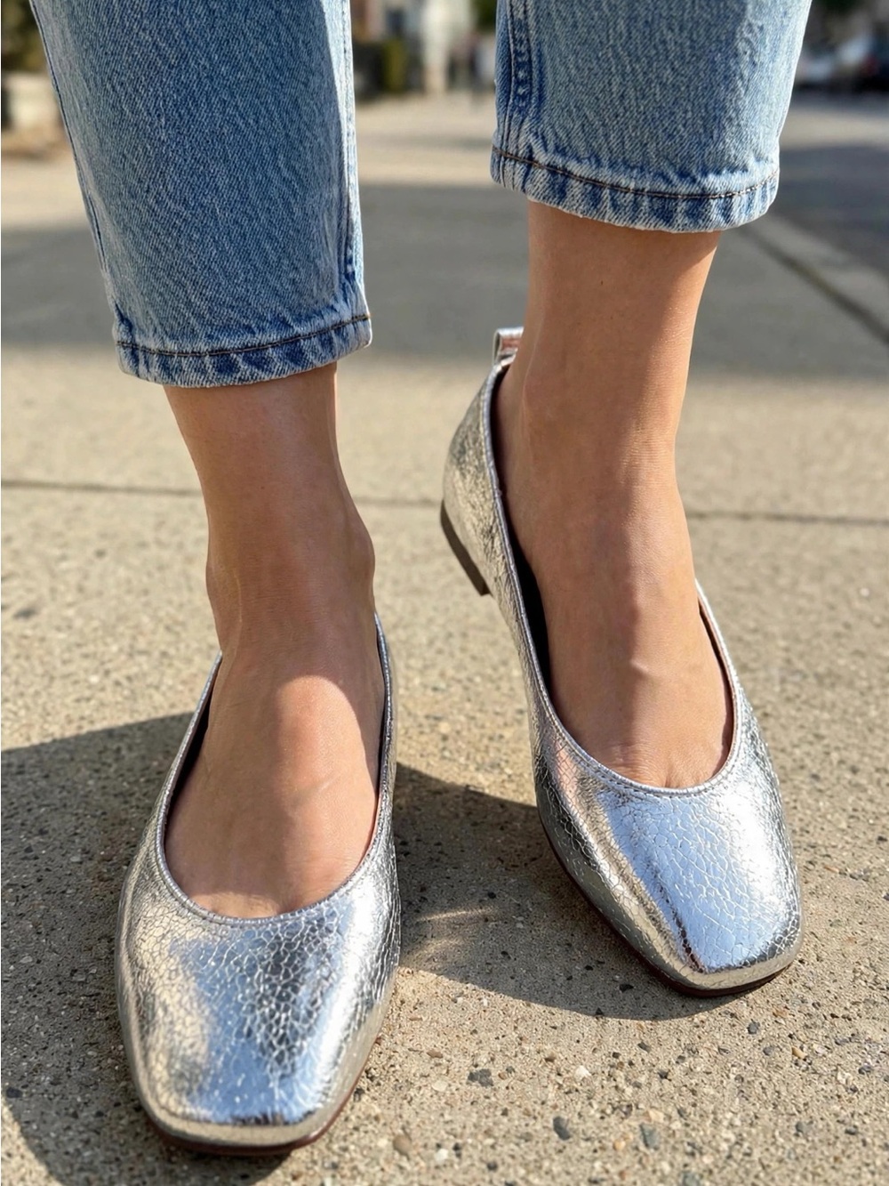 Zara Silver Crackle Ballet Flats for Women